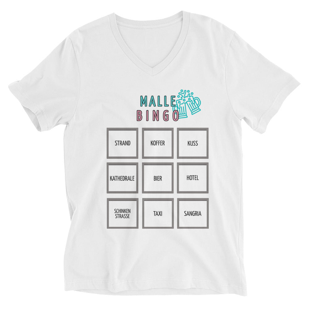 Malle-Bingo Kurzärmeliges Unisex-T-Shirt mit V-Ausschnitt